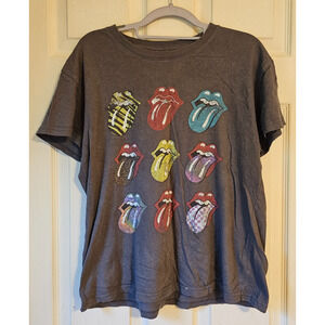 Rolling Stones T-Shirt Medium Gray Band Tee Multiple Tongue Logos Retro Rock